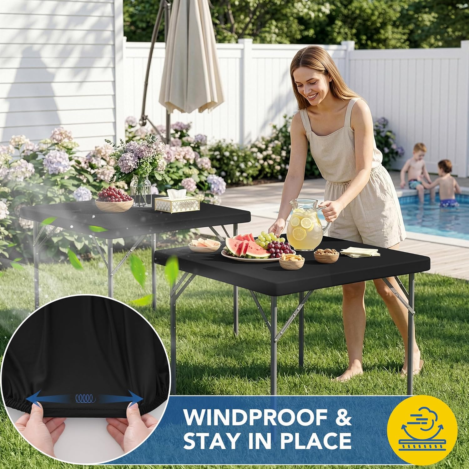 Detalle de Enjoyidea Fitted Square Tablecloth (36x36 in) — 2-Pack Black Stretch Spandex for Folding Card Tables