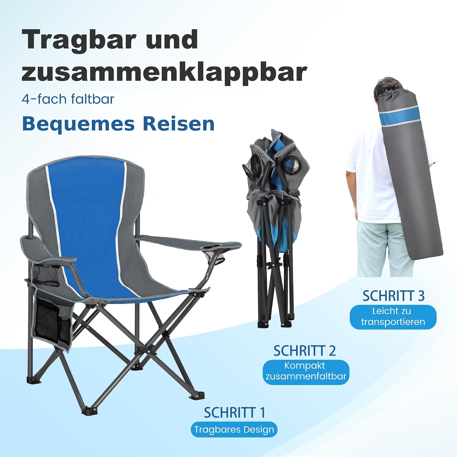 Detalle de LET’S CAMP Campingstuhl Klappstuhl faltbar mit Getränkehaltern & Tragetasche XL (bis 160 kg)