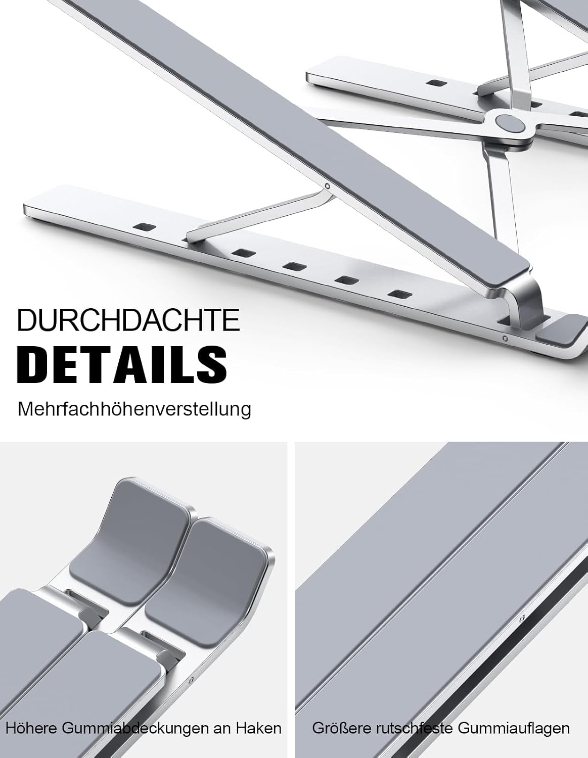 Thumbnail 4 de Babacom Laptop Ständer aus Aluminium (5 Stufen) – höhenverstellbar, belüftet, klappbar für 10–15,6" Notebooks, Silber
