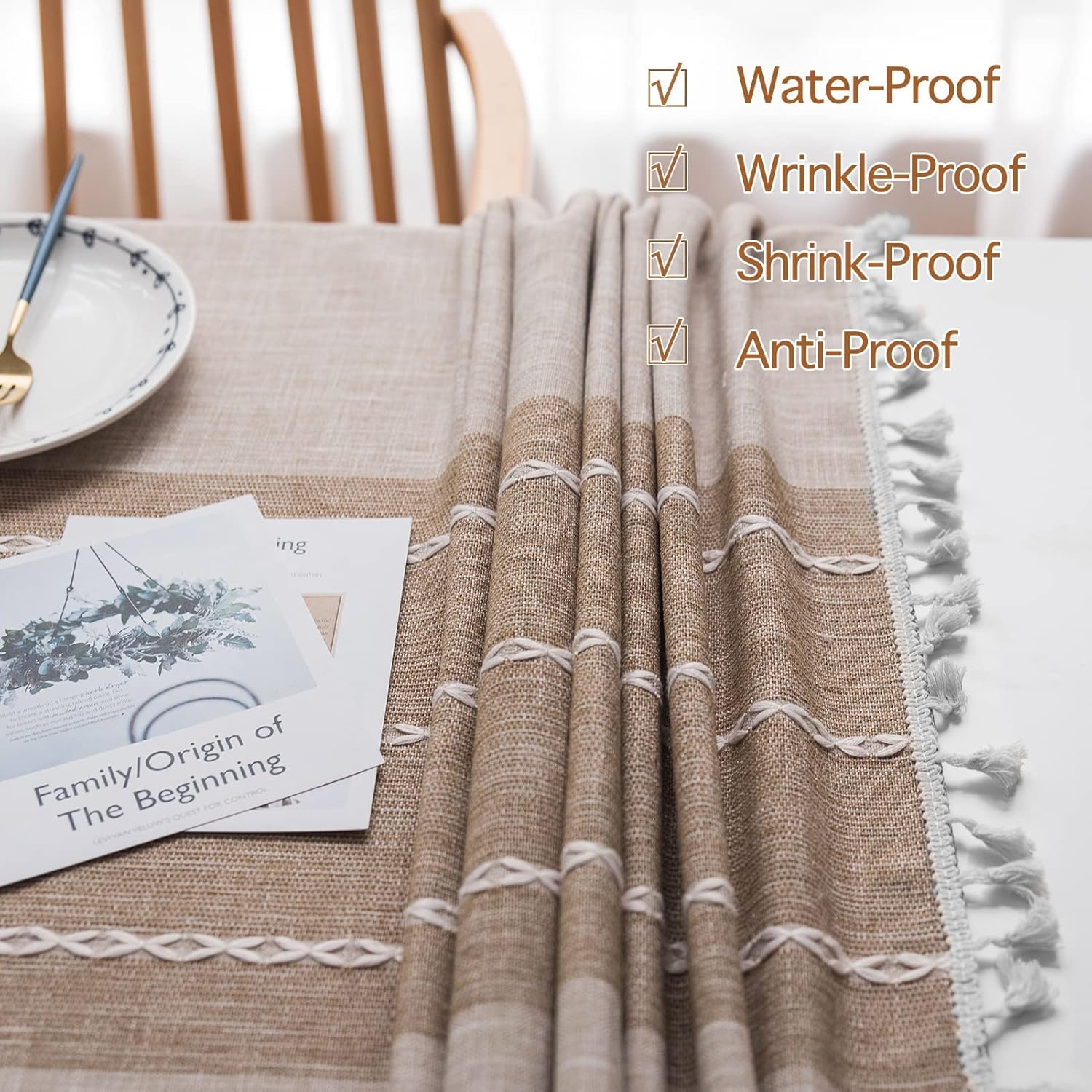 Detalle de JIALE Rectangle Tablecloths — Brown Cotton Linen, 55" x 86", Waterproof & Wrinkle-Free with Tassels