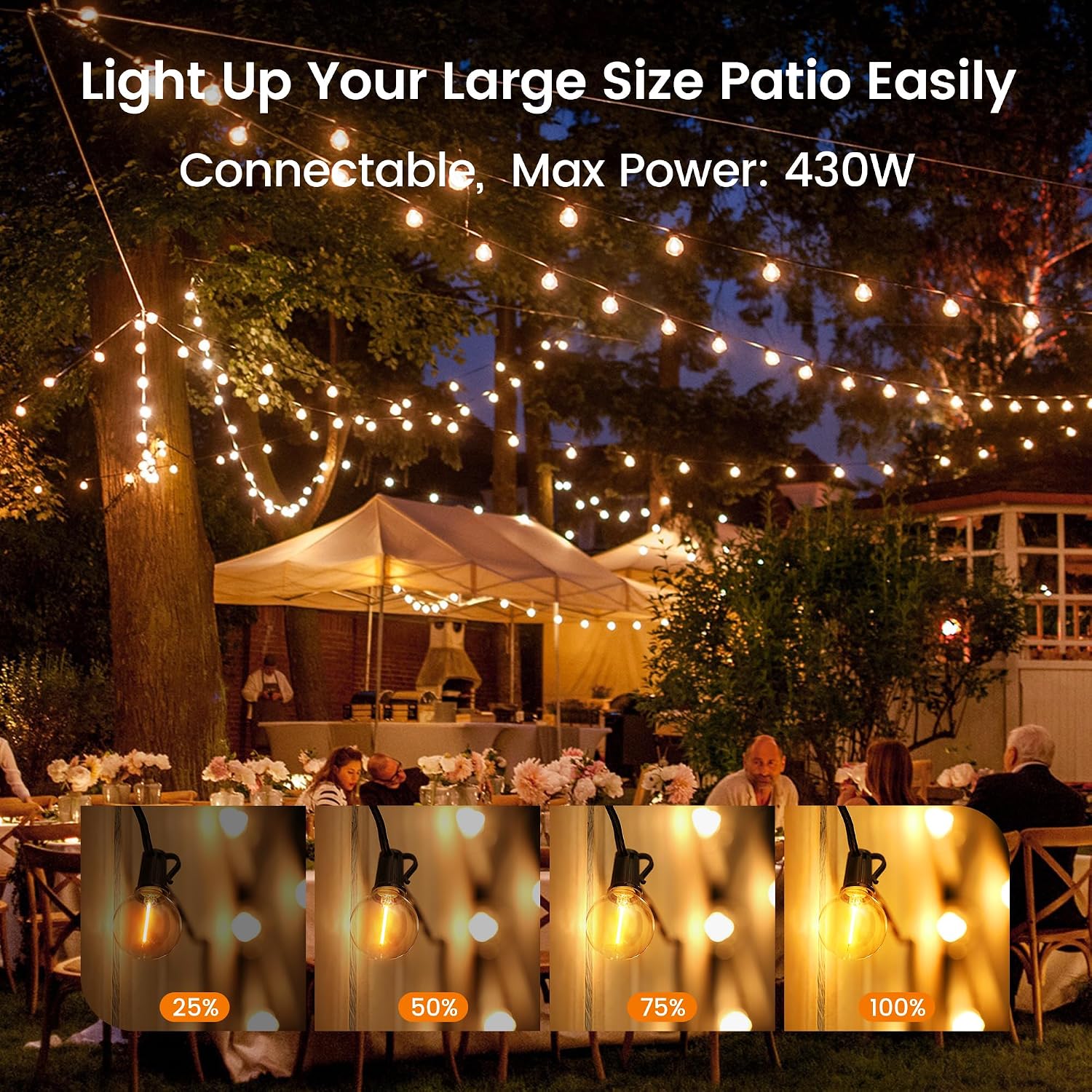 Detalle de Torkase 110FT Outdoor String Lights with 52 G40 LED Filament Bulbs – IP65, Mains Powered