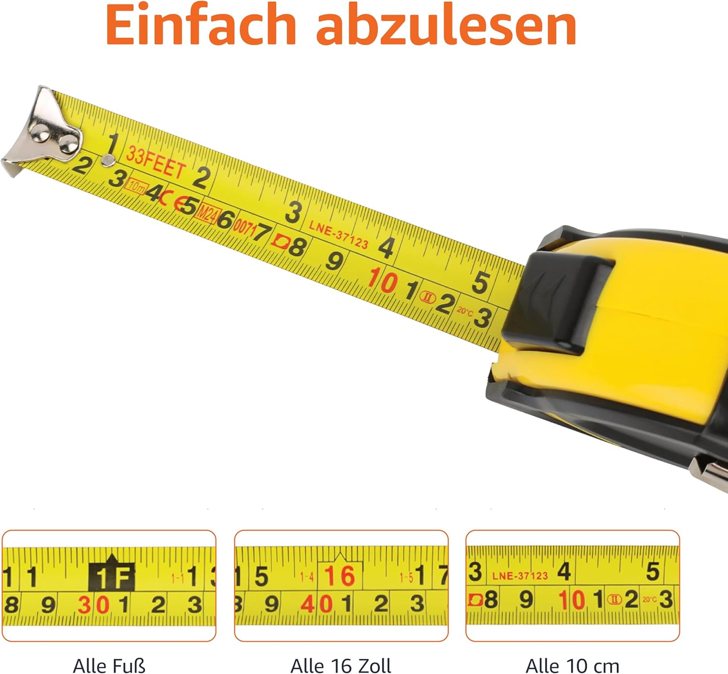 Detalle de Amazon Basics Selbst-arretierendes Bandmaß (10 m) – MID-Genauigkeit, Zoll- und Metrik-Skala, Schwarz/Gelb