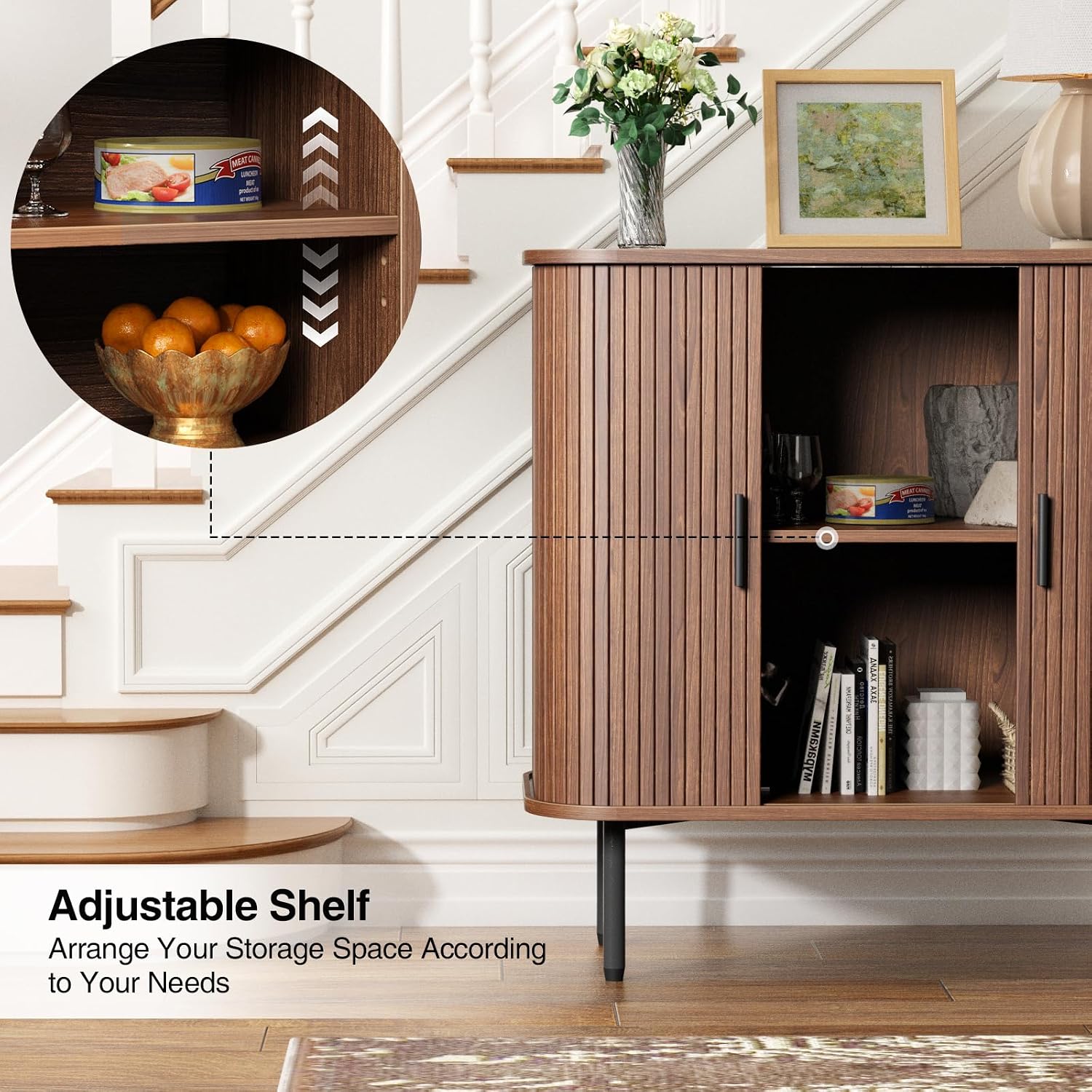 Thumbnail 3 de BonVache J1S0011 Fluted Sideboard Cabinet, Walnut, Sliding Doors