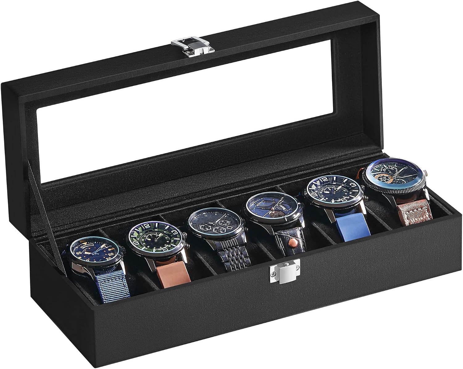 Detalle de SONGMICS Uhrenbox mit 6 Fächern und Glasdeckel – Sichtbarer Schmuck für Ihre Uhrensammlung