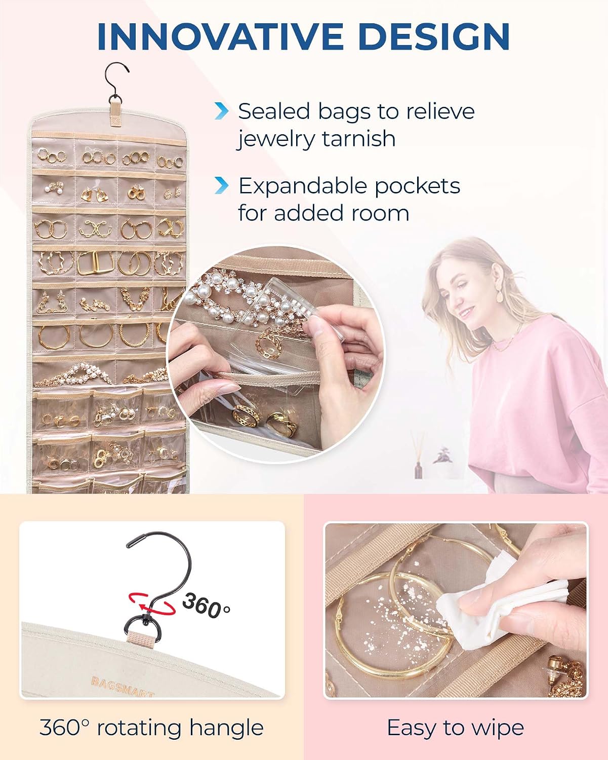 Detalle 2 de BAGSMART Hanging Jewelry Organizer, Beige