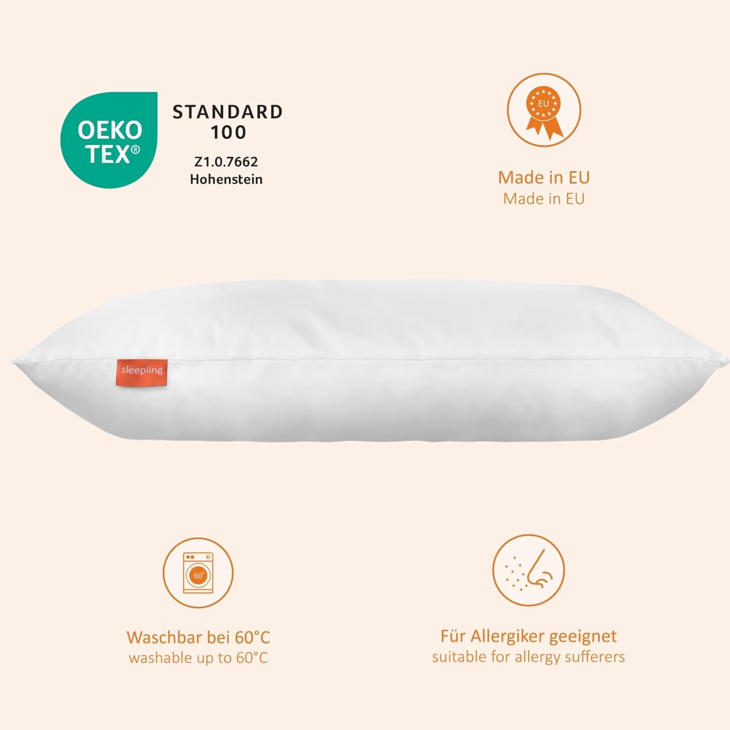 Detalle 1 de sleepling Kinderkopfkissen 40x60 cm – Kopfkissen aus 100% Baumwolle, waschbar bis 60 Grad