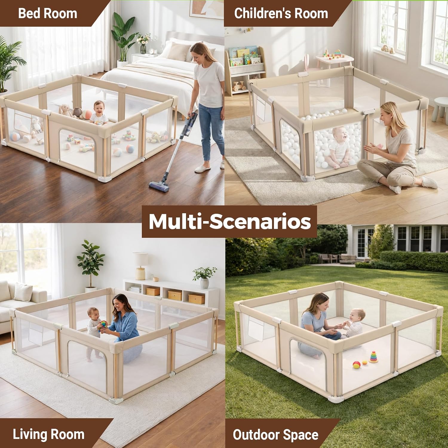 Detalle 2 de Cbcvvaer Foldable Baby Playpen with Mat, 71 × 79-Inch Khaki Mesh Play Yard