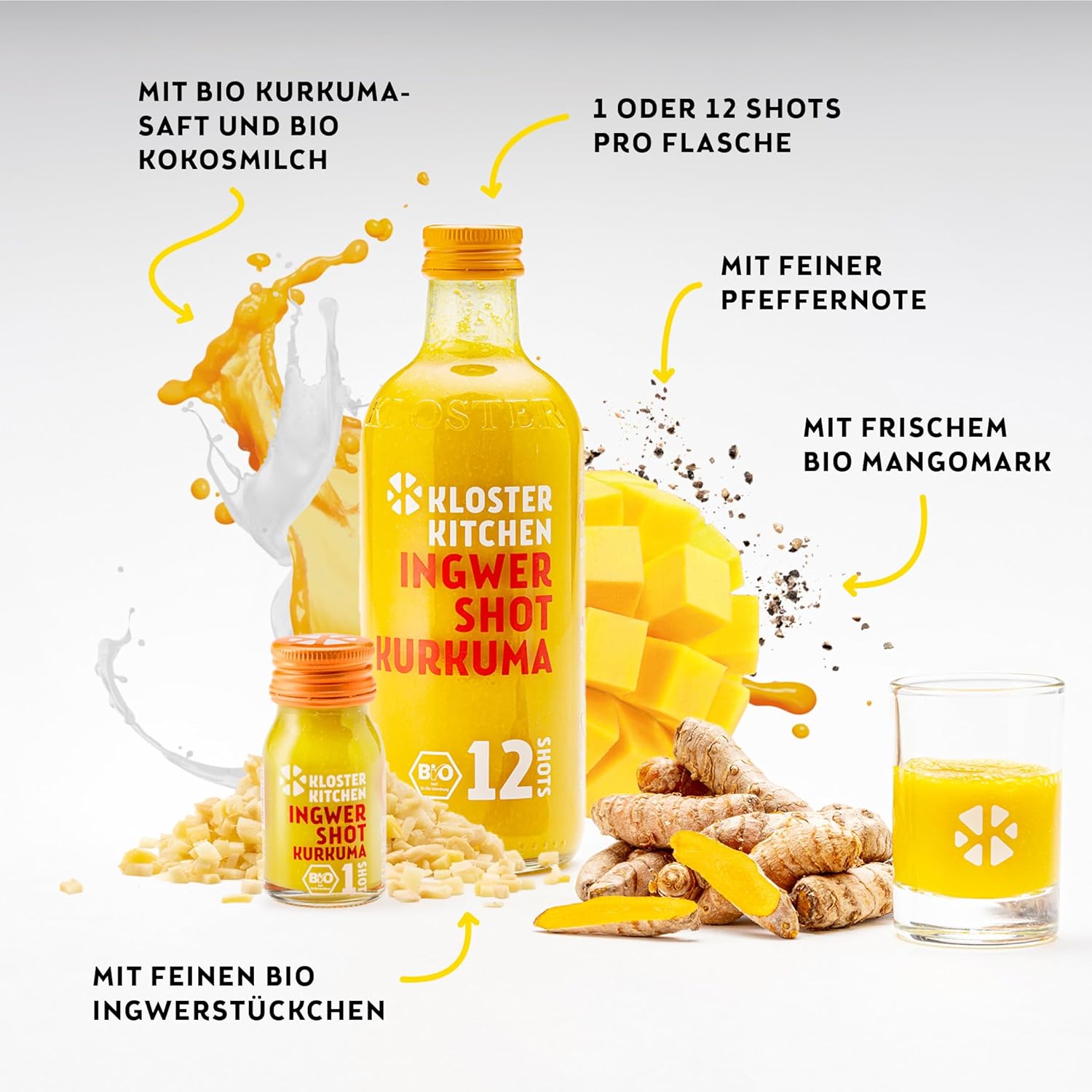 Detalle de Kloster Kitchen Bio Ingwer Shot Kurkuma (12 Shots) in Glasflasche – vegan, ohne Zusatzstoffe