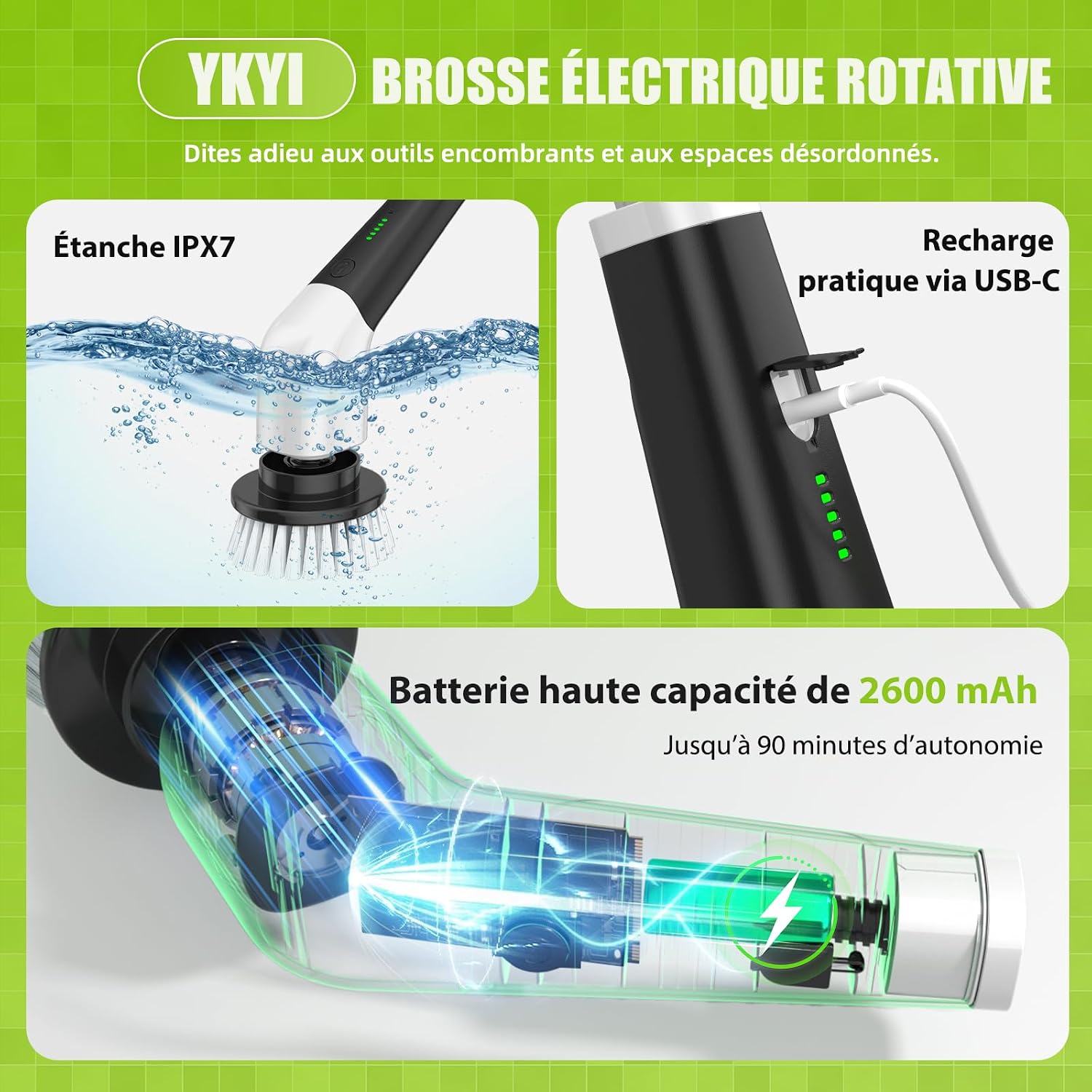 Thumbnail 6 de Brosse Électrique Nettoyage Rotative YKYI — 8 têtes, IPX7, sans fil, manche extensible