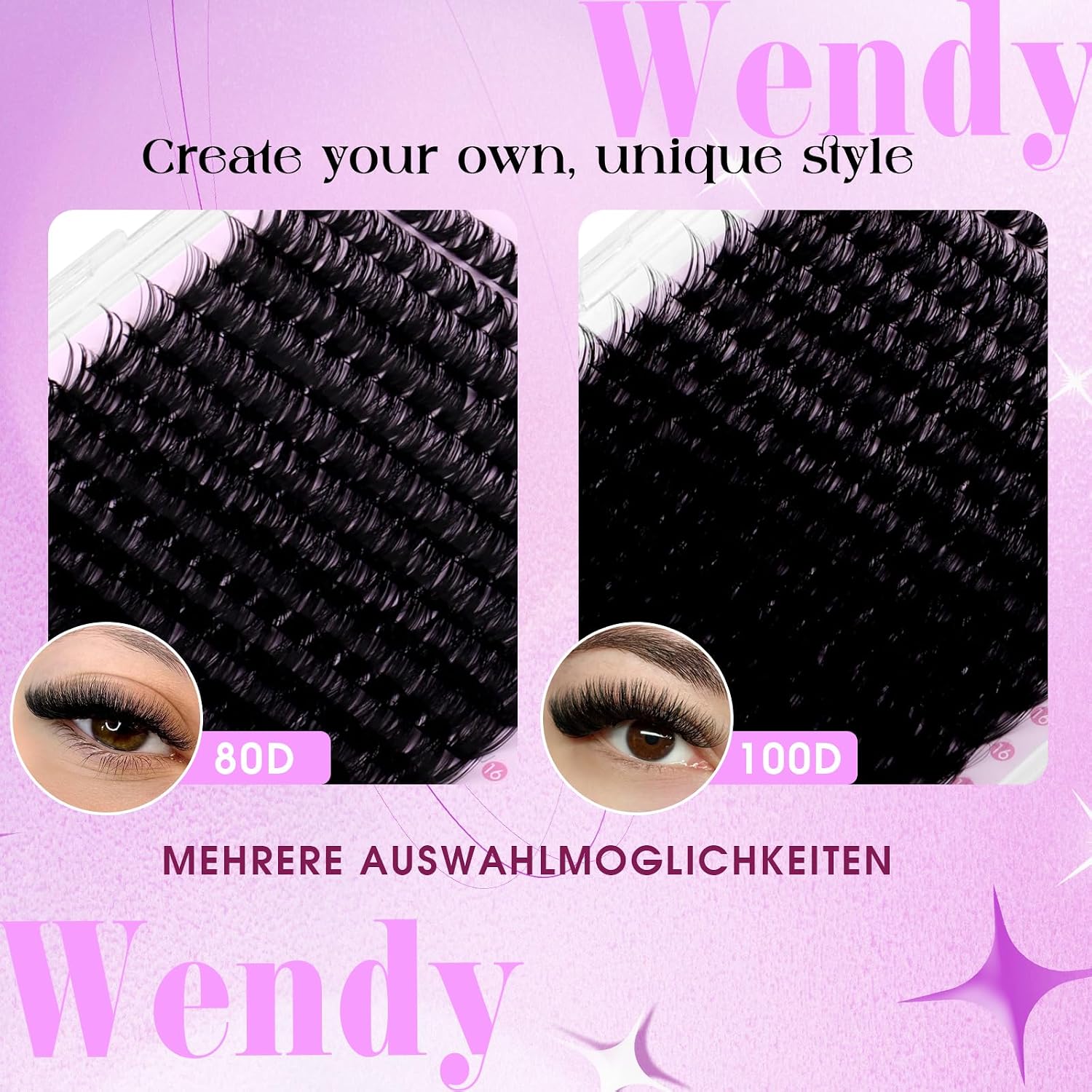 Detalle de WENDY LASHES wimperclusters, 594 stuks, 80D/100D, D-krul, 10–18 mm