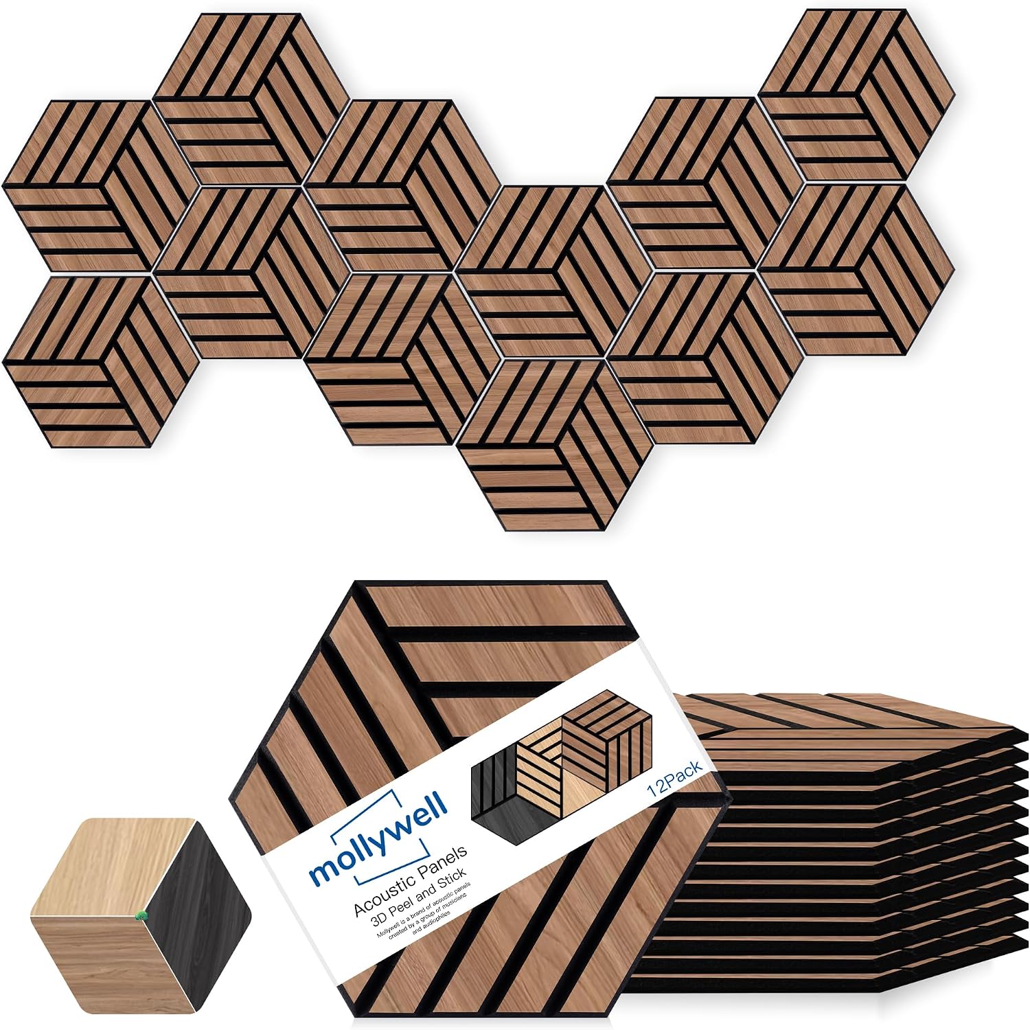 Detalle de Mollywell Walnut Hexagon Acoustic Panels, 12-Pack, 14 x 12 in, NRC 0.95