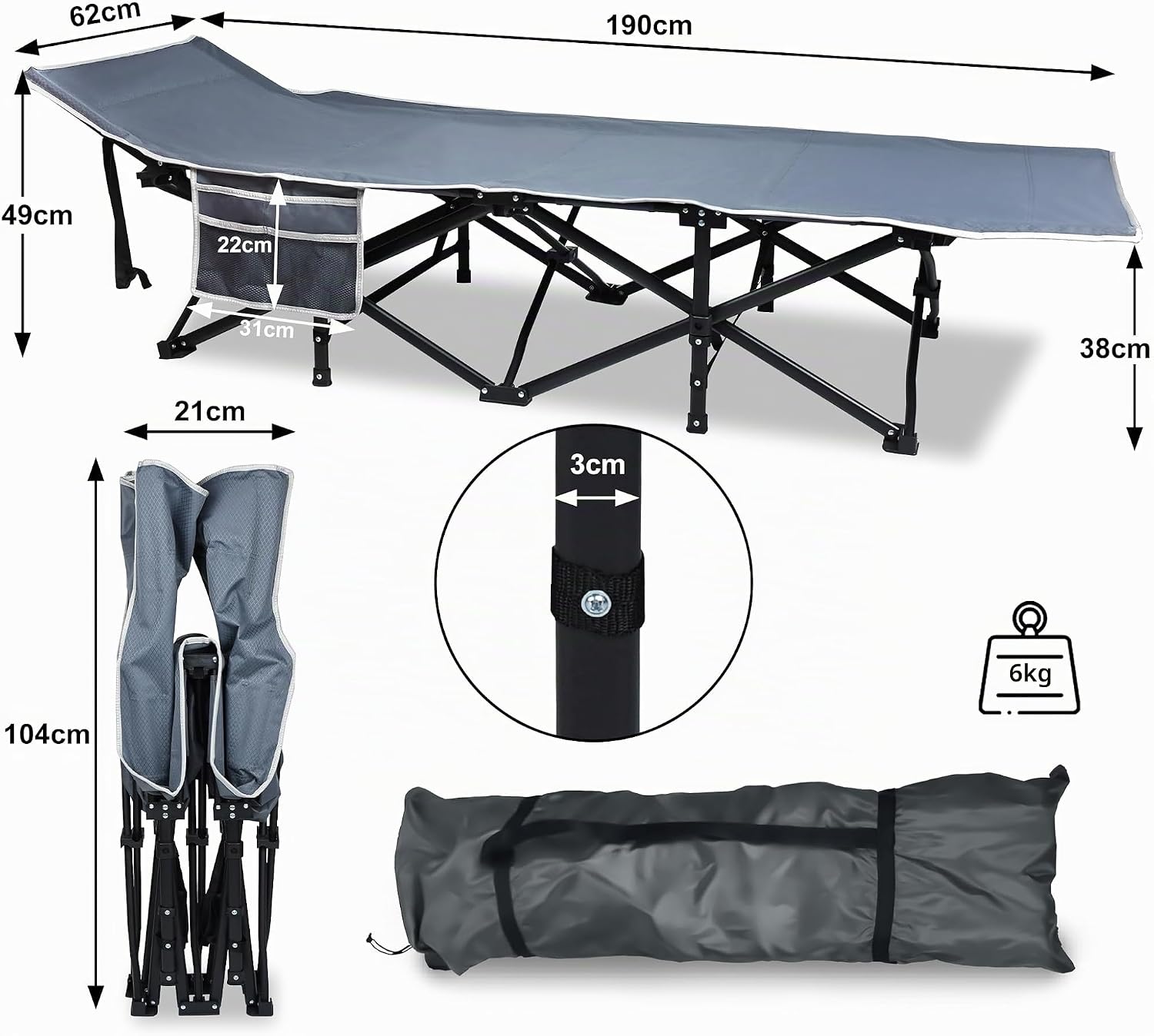 Detalle 2 de UISEBRT UIS-O-(HAG6286G) campingsäng i 600D Oxford-tyg, upp till 250 kg