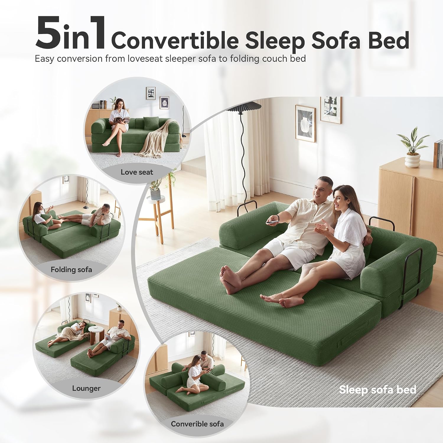 Detalle de QQR 1 79-Inch Convertible Sofa Bed, Dark Green Corduroy Modular Couch