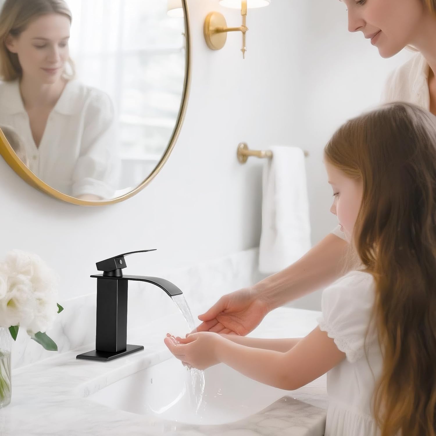 Thumbnail 1 de RNDIOZD Matte Black Waterfall Bathroom Faucet (Single-Handle) with Pop-Up Drain, Deck Plate & Hoses