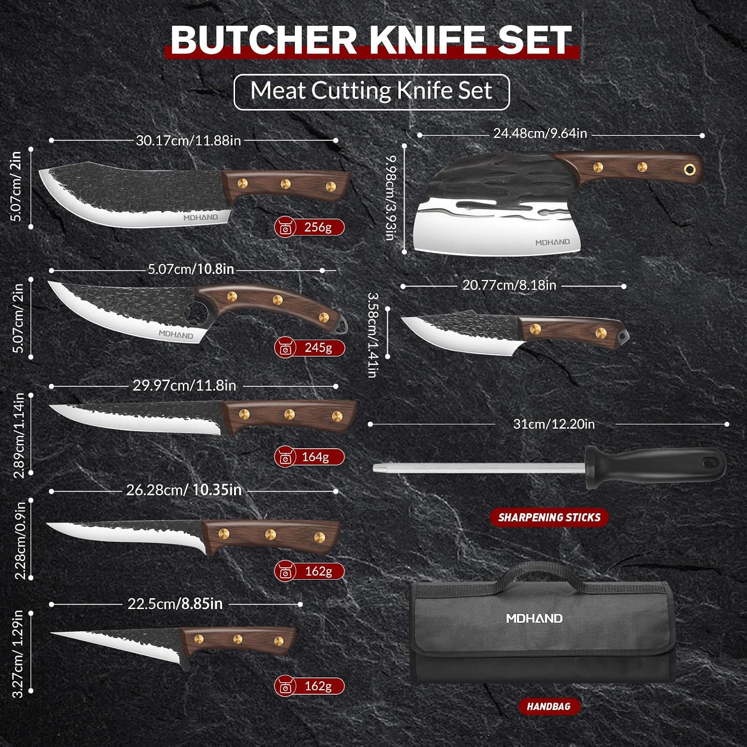 Detalle 2 de MDHAND Bks-001 Butcher Knife Set with 7 Knives, Sharpening Rod and Roll Bag