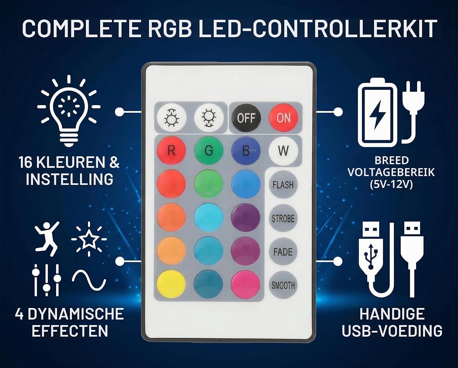 Thumbnail 3 de Akozon Akozonhvk6m0z9ry-01 RGB-ledstripcontroller met 24-toetsenafstandsbediening