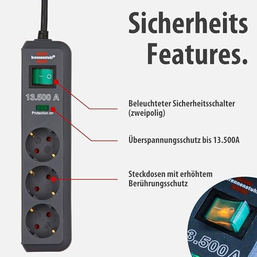 Detalle de Brennenstuhl Eco-Line 3er-Steckdosenleiste mit Überspannungsschutz – 1,5 m Kabel, beleuchteter Schalter