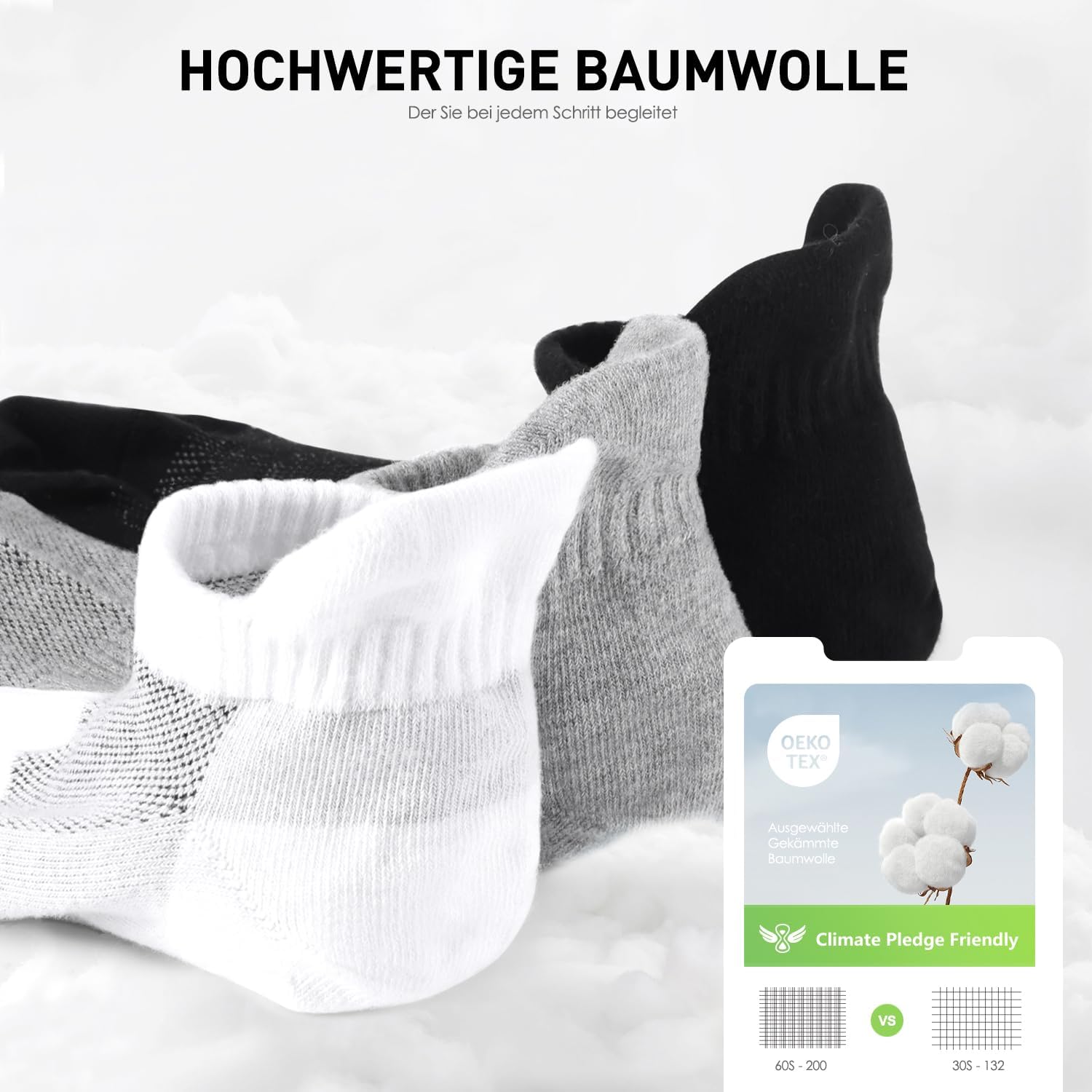 Detalle de FALARY 10 Paar Sneaker Socken – atmungsaktive Baumwoll-Sportsocken für Herren & Damen