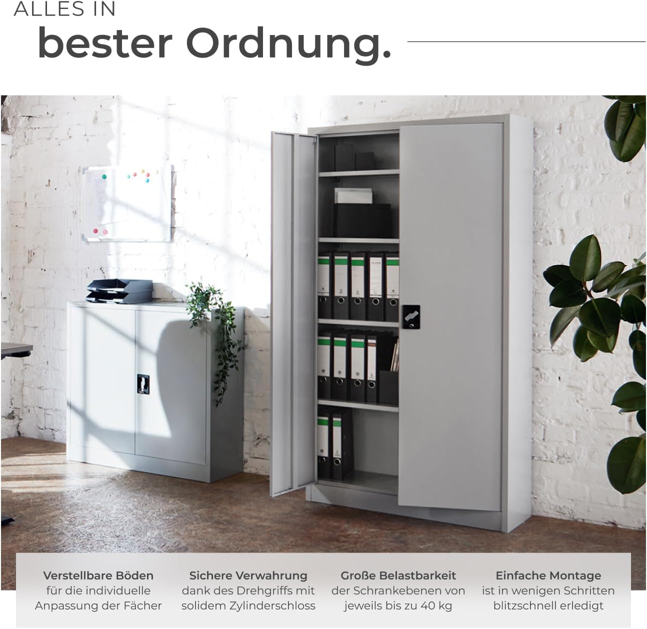 Thumbnail 4 de tectake® Aktenschrank abschließbar (180 x 90 x 40 cm) mit 2 Türen und 5 höhenverstellbaren Einlegeböden – grau