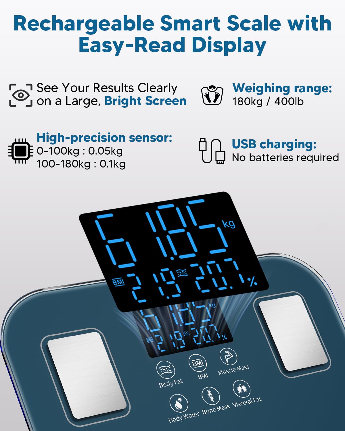 Detalle de arboleaf Balance impédancemètre rechargeable – Pèse-personne connectée jusqu’à 180 kg