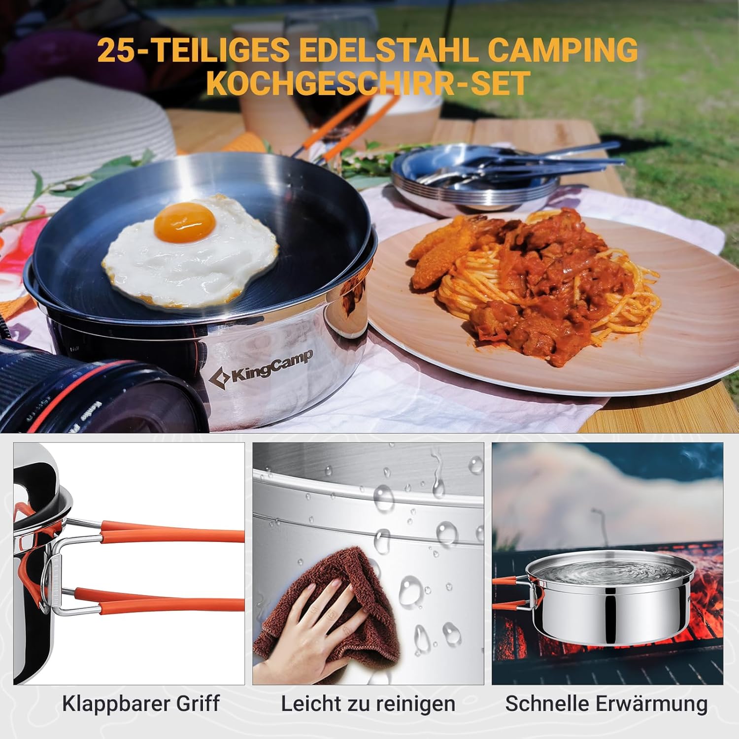 Detalle 2 de KingCamp Camping Geschirr Set – 22-teiliges Edelstahl-Set für 3 Personen