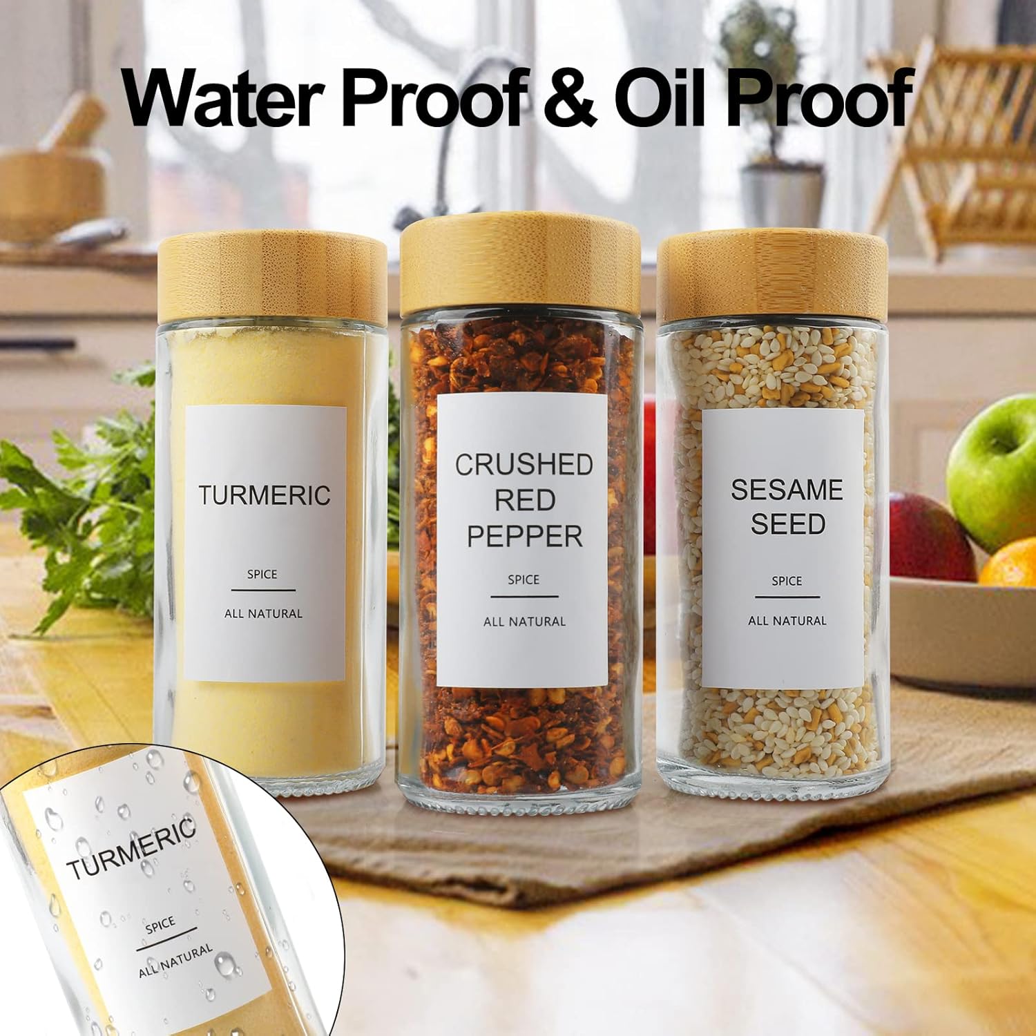 Detalle 2 de AISIPRIN Glass Spice Jars Set (24 x 4oz) with Bamboo Airtight Lids, 398 Labels, Funnel, Brush & Marker