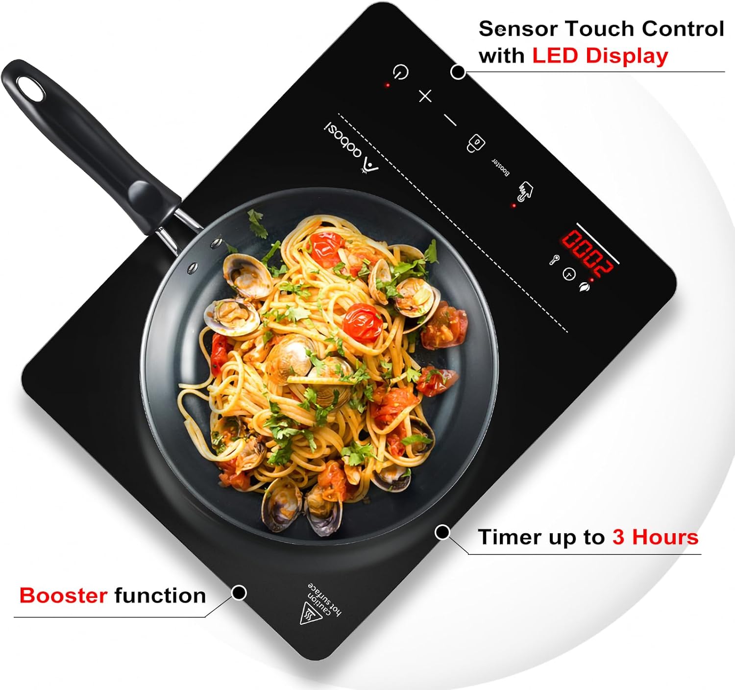 Thumbnail 1 de AAOBOSI Induktionskochplatte 1 Platte (2000 W) mit Booster, LED-Display und 10 Leistungs-/Temperaturstufen