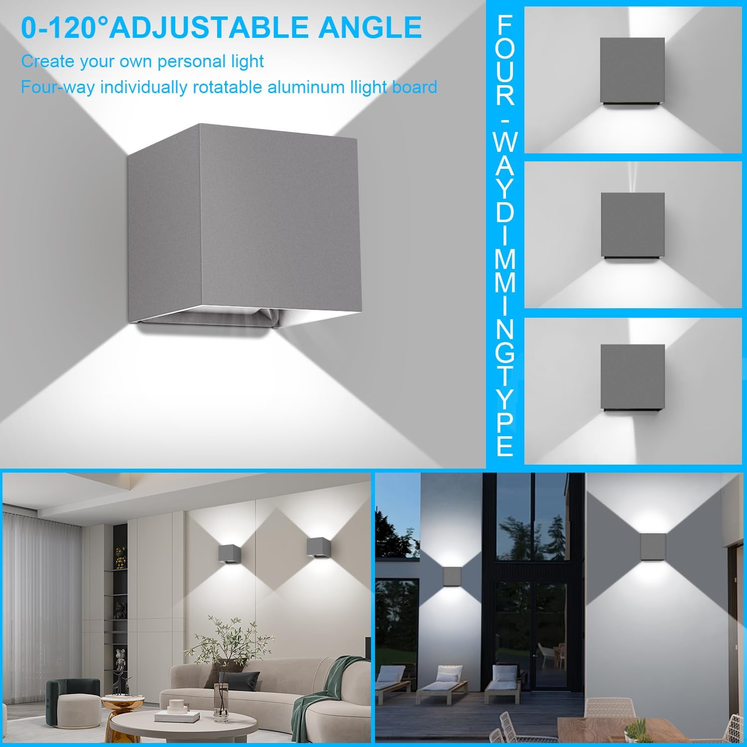 Applique da Parete LED 20W di LEDmo – Angolo del fascio regolabile 0–120°, IP65, 6000K, interno/esterno
