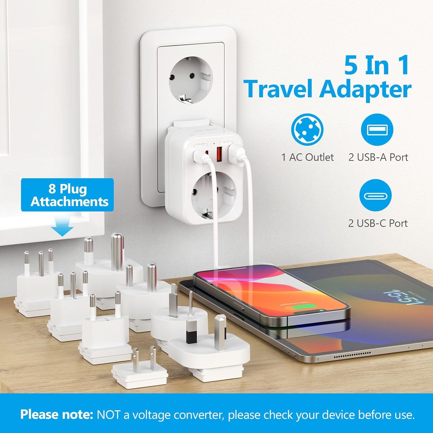 Thumbnail 2 de JSVER Adaptateur prise universelle voyage avec USB‑C (PD 20 W) et 8 connecteurs