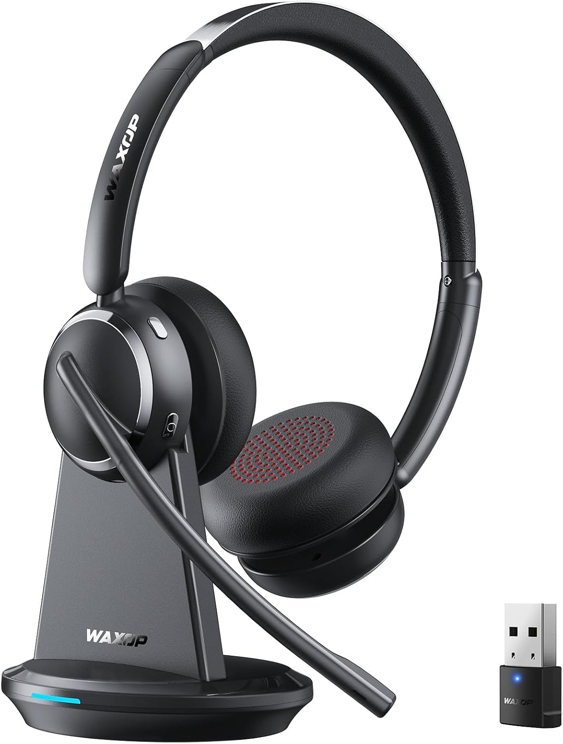 Detalle de Waxop Wireless Headset with Mic for Work — Bluetooth 6.0, 65H, 60ft Range, USB Dongle & Dock