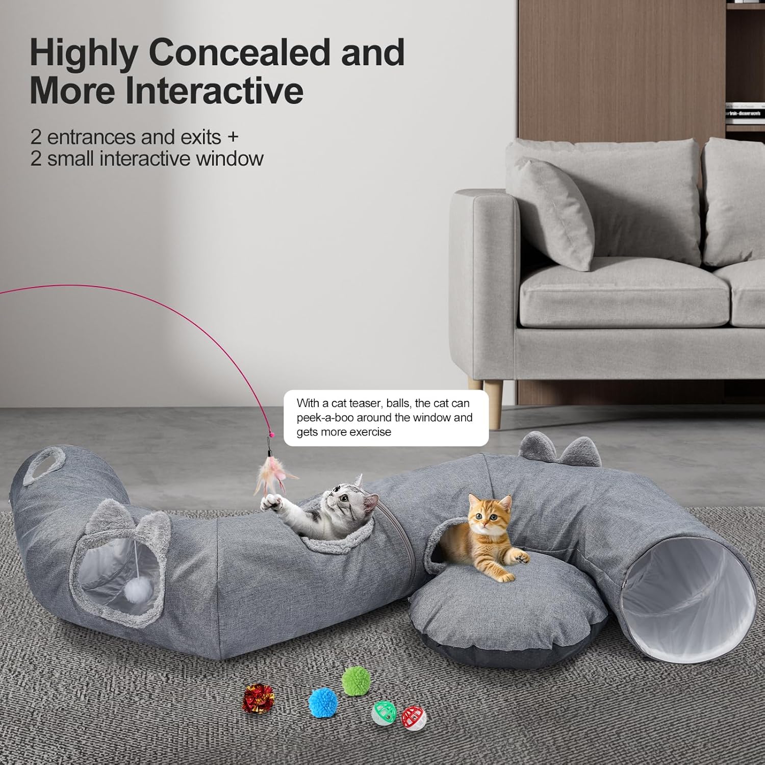 Detalle de Odoland Cat Tunnel with Bed (Foldable Linen Donut Tunnel) with Hanging Ball