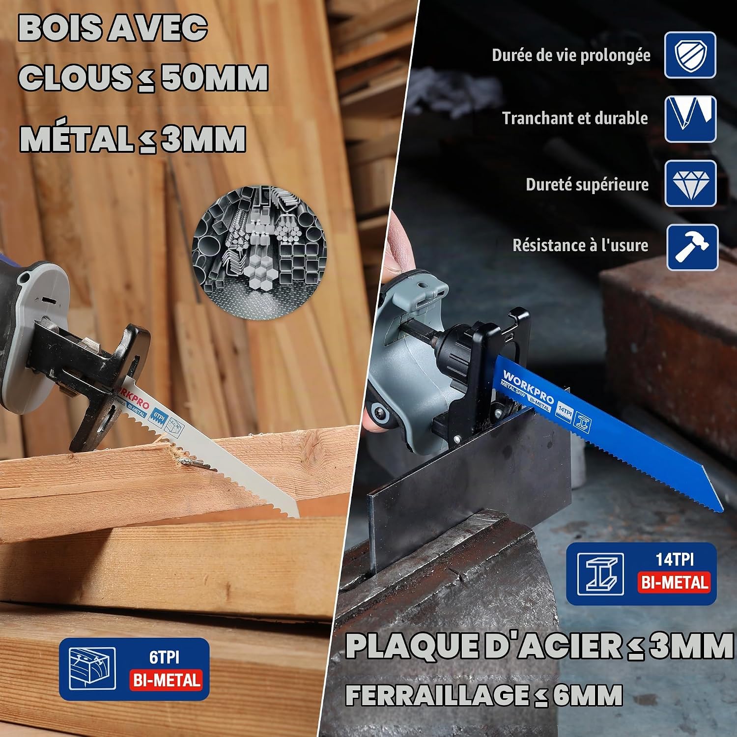 Detalle de WORKPRO set van 10 bi-metalen reciprozaagbladen met opbergdoos, 152 en 230 mm
