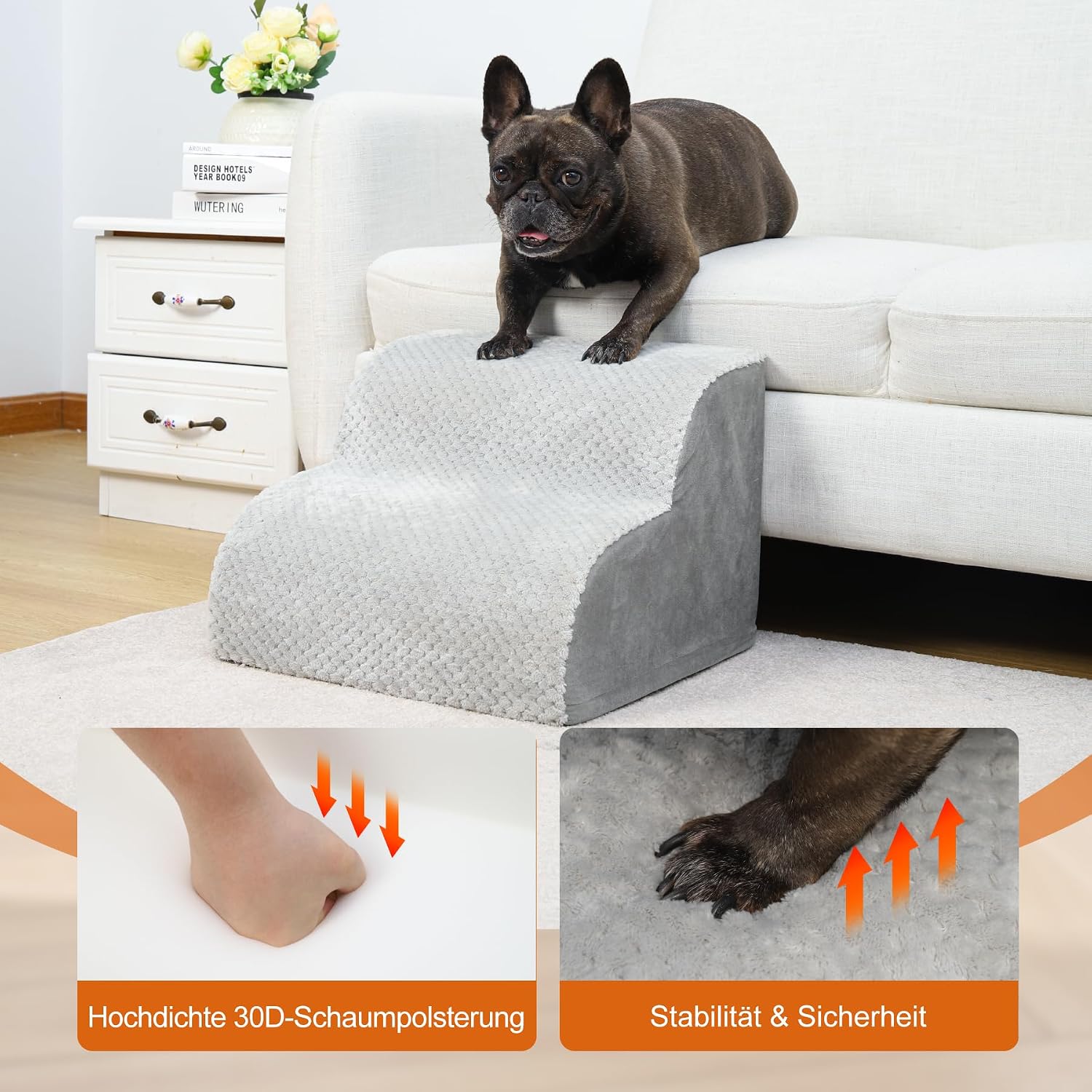 Thumbnail 3 de KSIIA Hundetreppe 2 Stufen, 30 cm Hoch – rutschfest, waschbare Bezugshülle, 40x40x30 cm, Grau