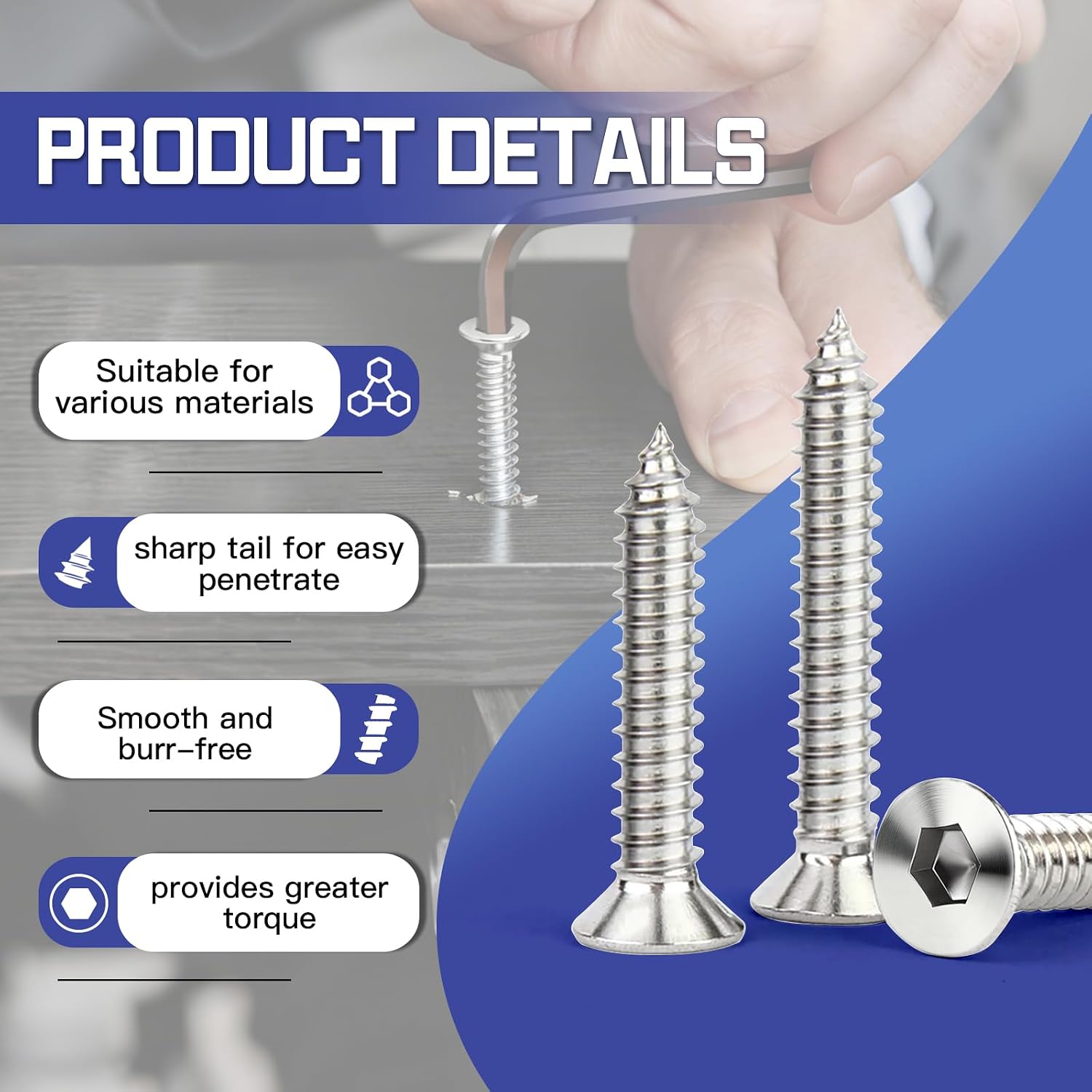 Thumbnail 3 de INDPROD #10 x 1-Inch Self-Tapping Wood Screws, Nickel-Plated Steel, 60-Piece