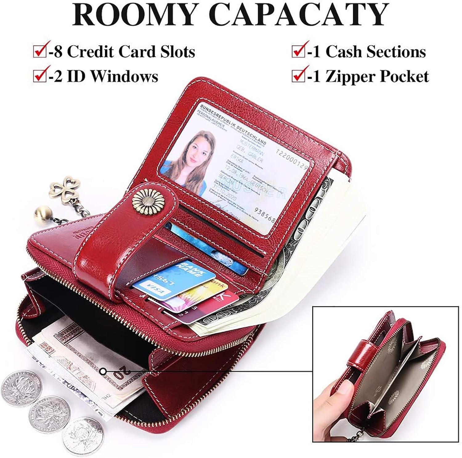 Detalle de SENDEFN genuine leather small bifold wallet for women with RFID protection