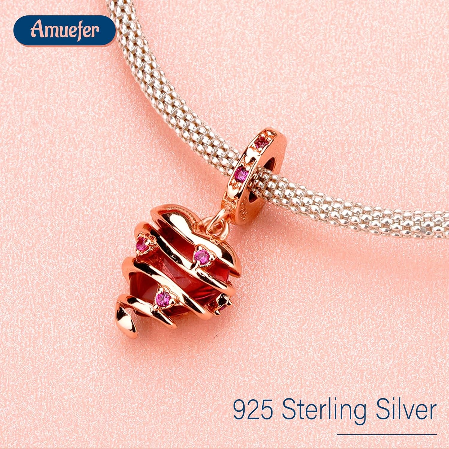 Thumbnail 1 de Amuefer Amore Cuore Charm Compatibili Bracciale Collana in Argento Sterling Oro Rosa – Cuore/Infinito/Trifoglio