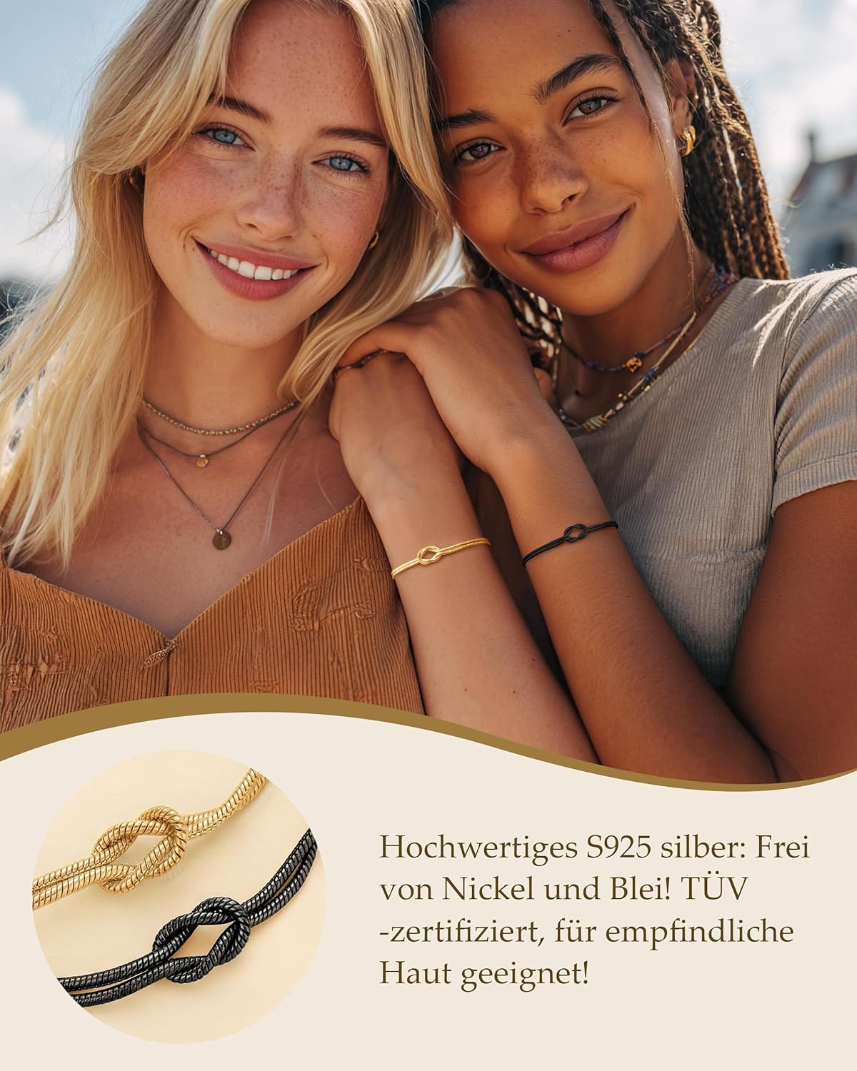 Thumbnail 3 de 2er-Set Freundschaftsarmbänder aus 925 Silber & 14K Knoten-Design – verstellbar als Geschenk für Paare und Freunde