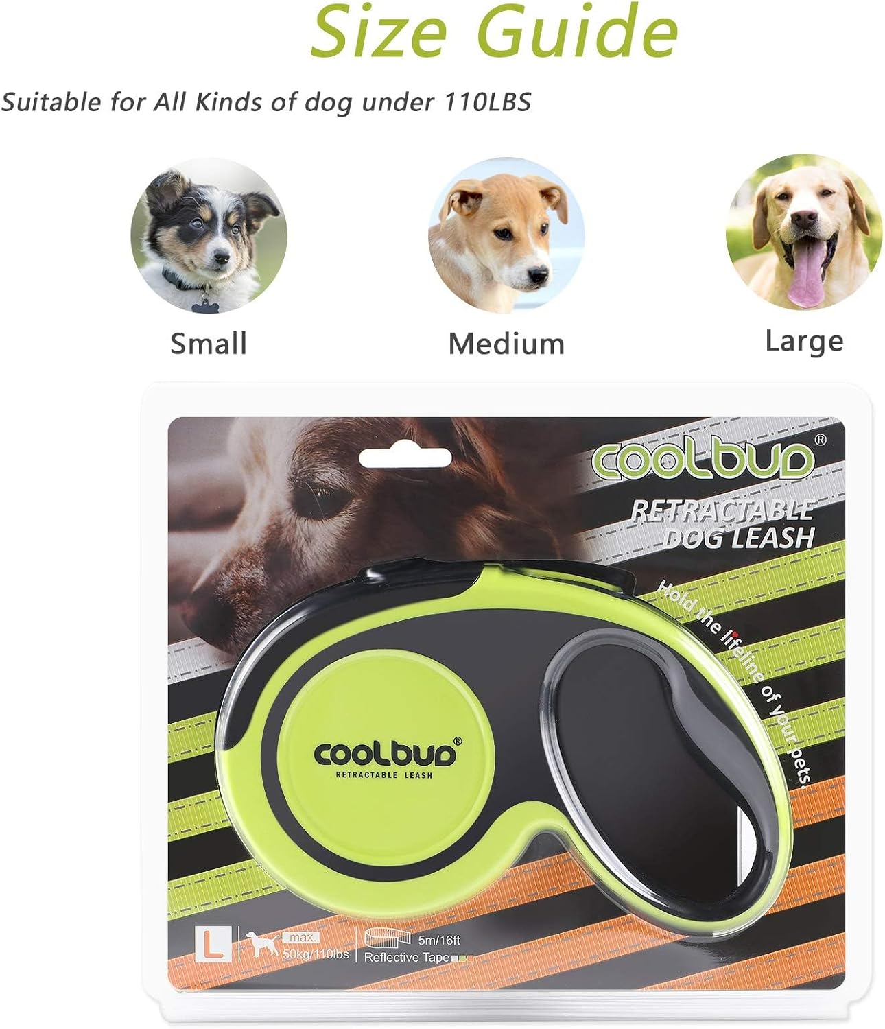 Detalle de Hurluksi Retractable Dog Lead 5m / 16ft Extendable (Up to 50kg) with Anti-Slip Handle and Quick Brake (Green)