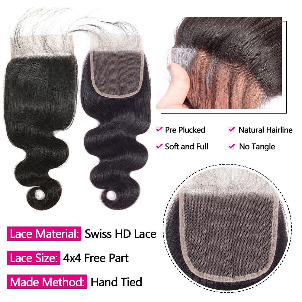 Detalle de 12A Brazilian Body Wave Hair Bundles with 4x4 HD Lace Closure — 16, 18, 20 Inches (3 Bundles)