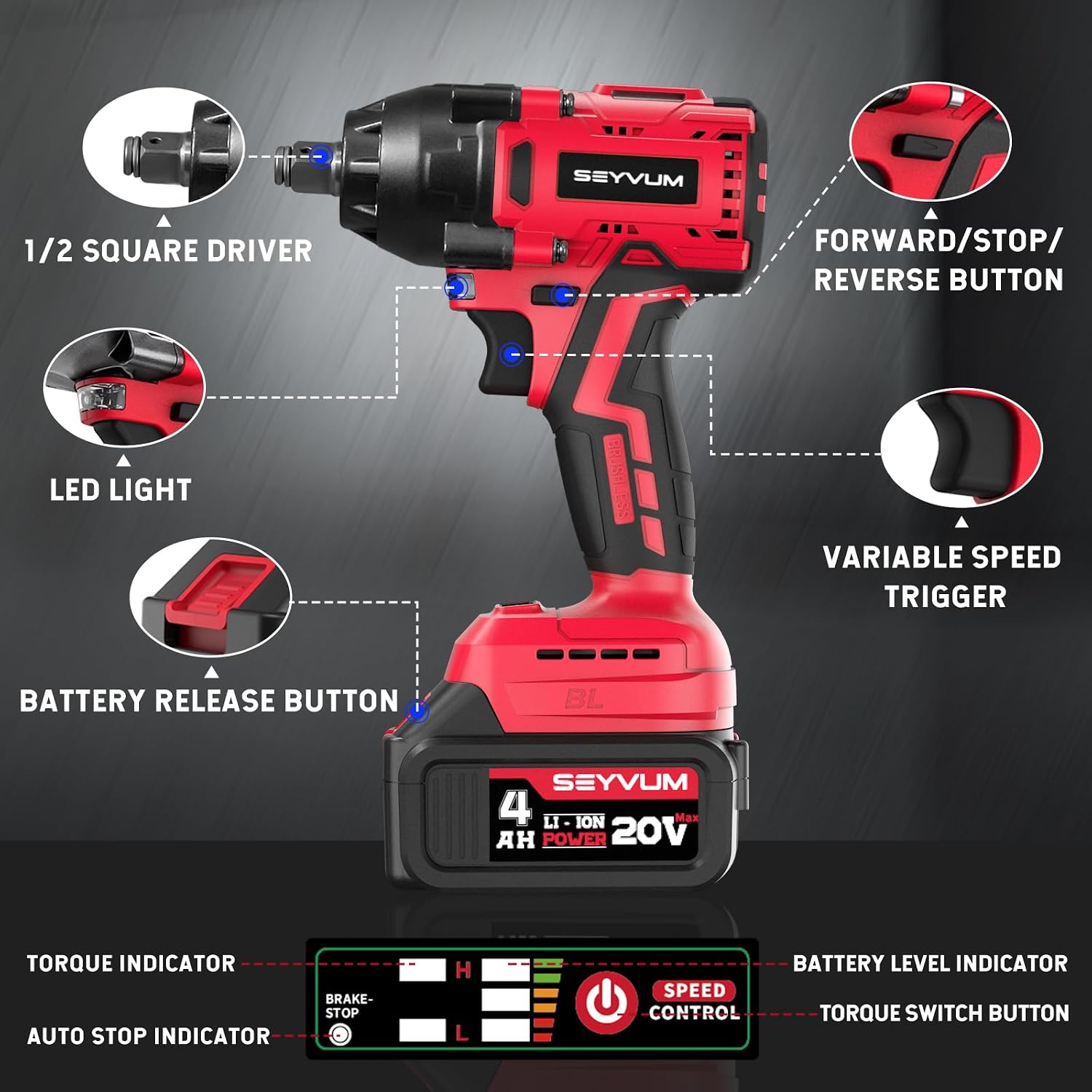 Thumbnail 5 de SEYVUM Impact Wrench 320 Ft-lbs, 20V Brushless