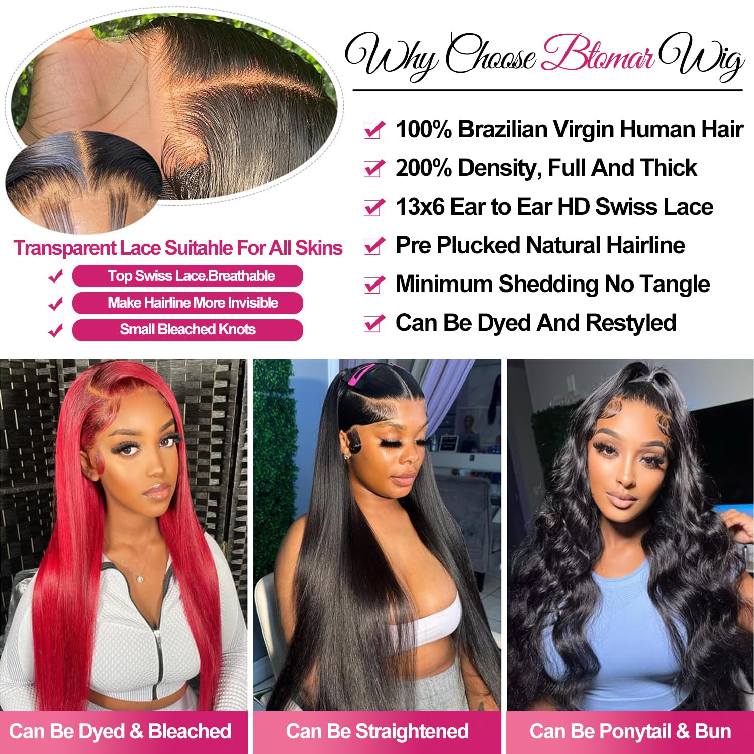 Detalle de Btomar 30 Inch 13x6 HD Lace Front Wig - 200 Density, 100% Human Hair