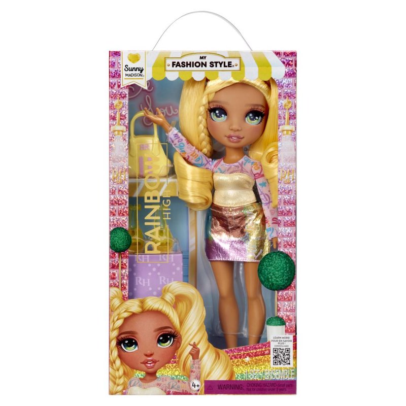 Detalle de Rainbow High Sunny My Fashion Style, muñeca articulada de 27 cm con look patchwork