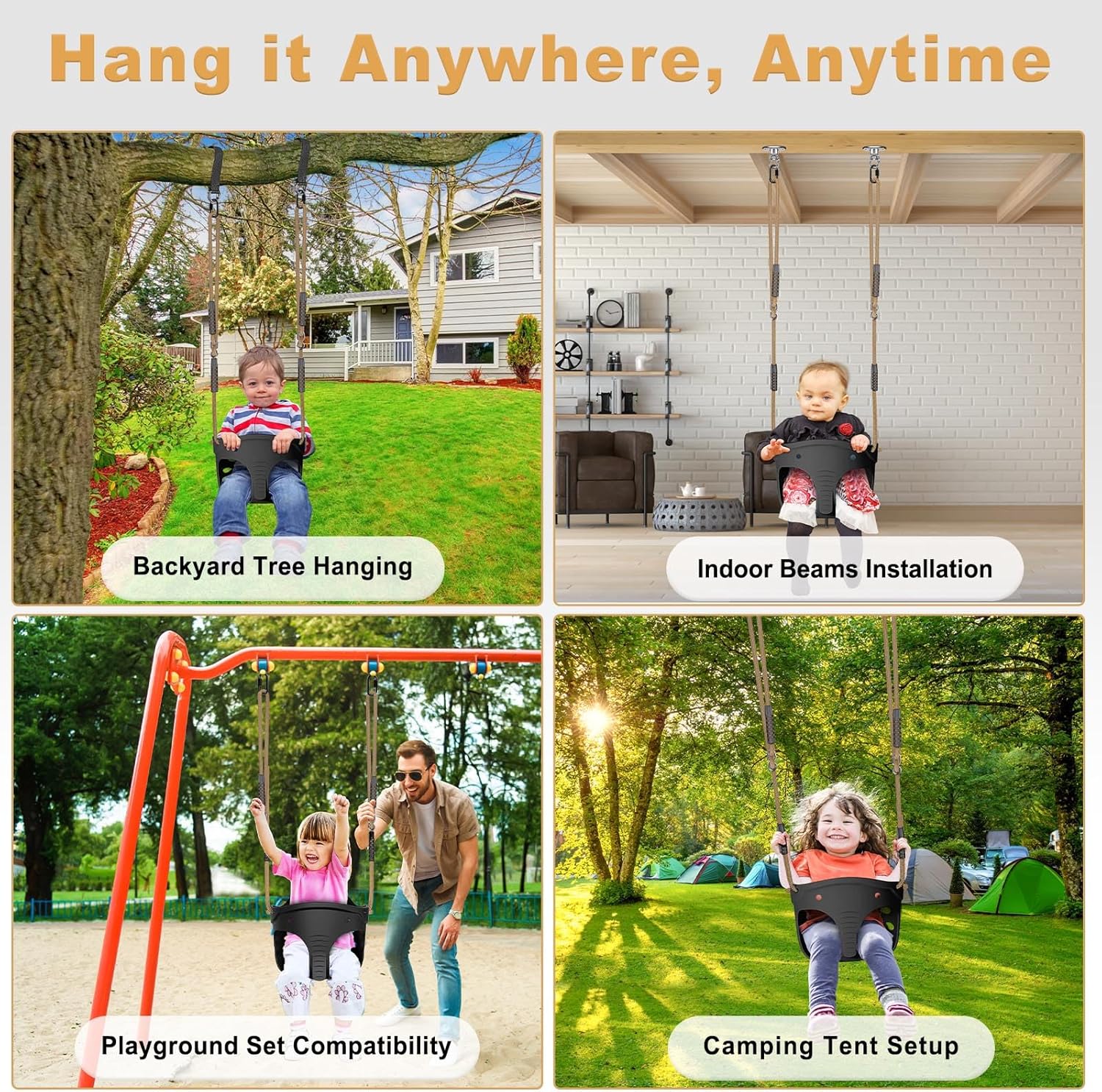 Detalle 2 de Dolibest Swing Seat Kids Soft Plastic Bucket Swing (Black Elephant) with High Back & Adjustable 130–200cm Rope