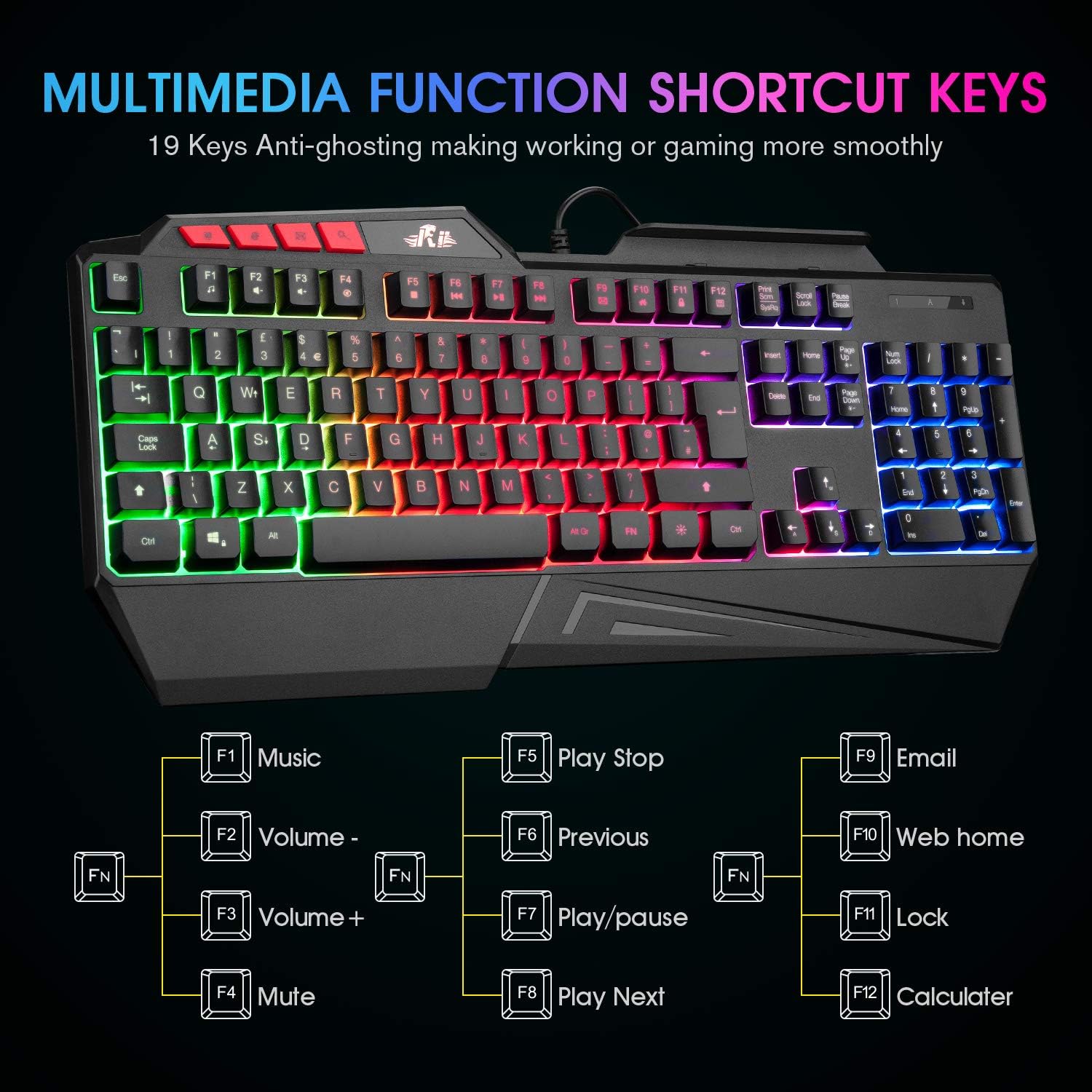Detalle 2 de Rii RK202 Gaming keyboard with rainbow LED