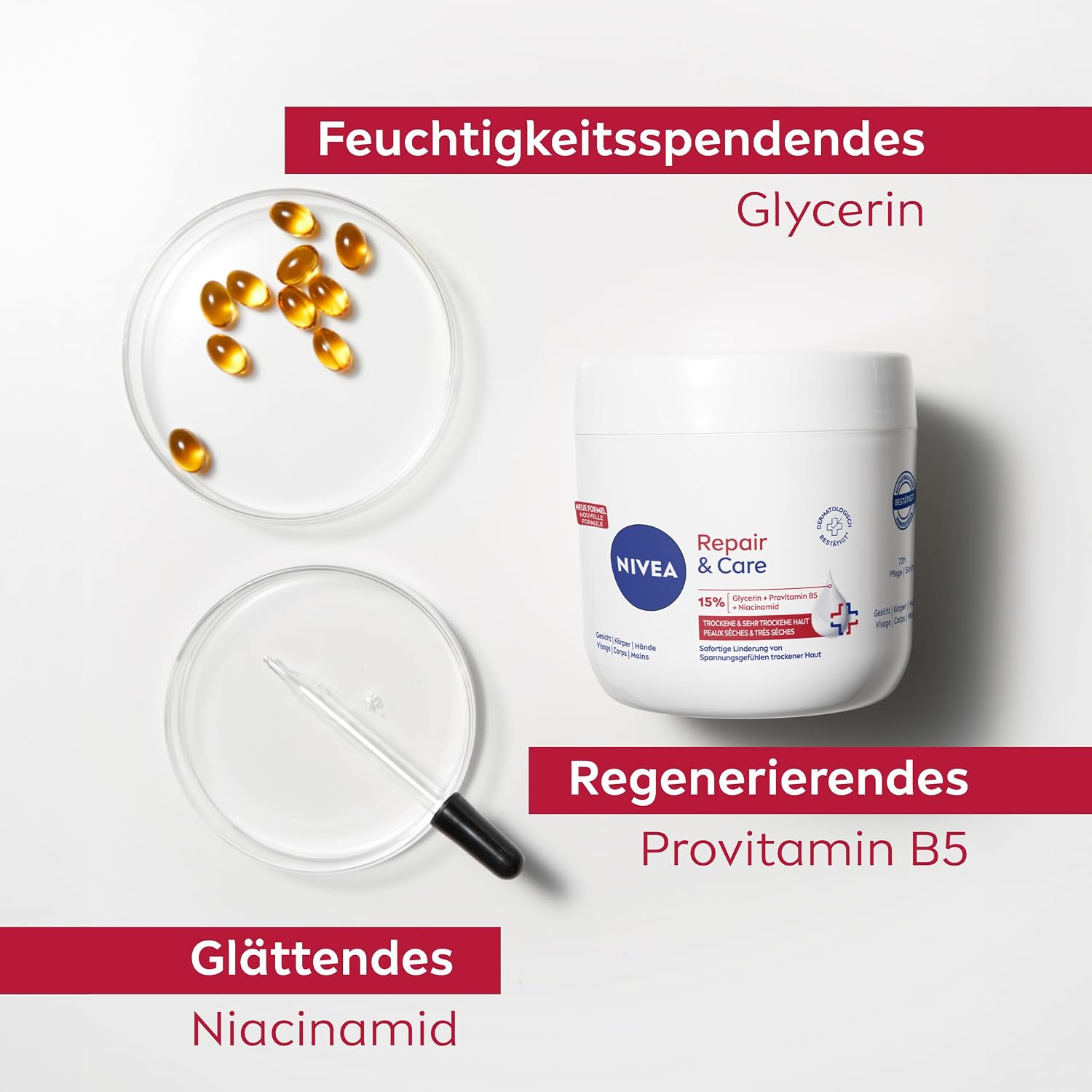 Detalle de NIVEA Repair & Care Creme 400 ml – feuchtigkeitsspendende, nicht fettende Körpercreme für sehr trockene Haut