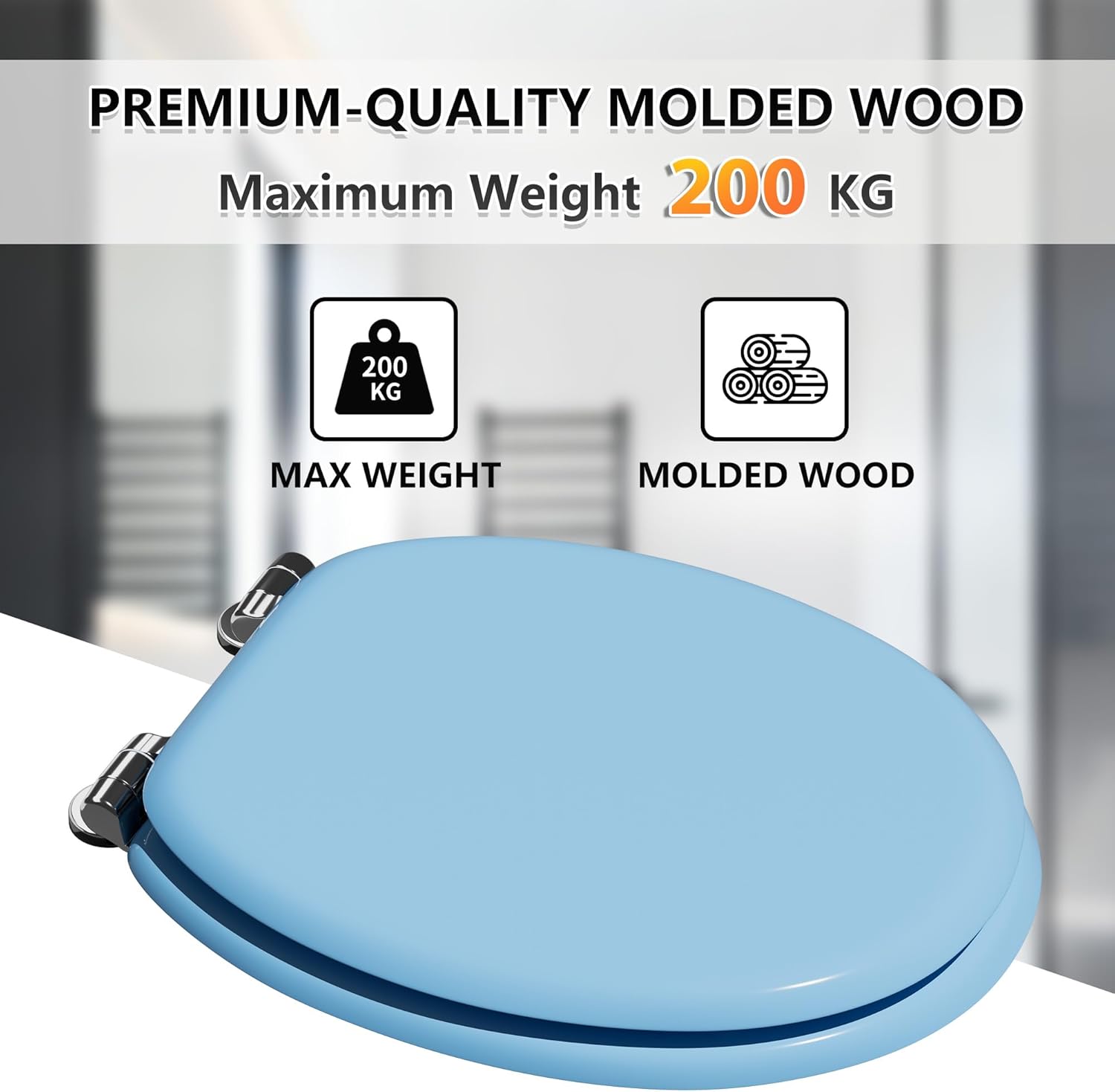 Detalle 2 de Angel Shield Wooden Toilet Seat with Adjustable Soft Close Hinges (Blue) – Quick Release & Removable Lid
