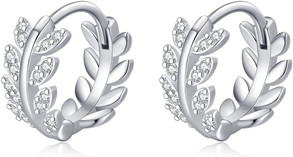 Thumbnail 6 de SLUYNZ Sterling Silver CZ Leaf Hoop Earrings for Women – Olive Leaf Dainty Huggie