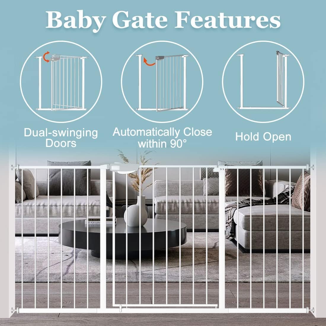 Detalle 1 de WAOWAO Triple Lock Baby Gate, Extra-Wide 57.87–62.59-Inch White Metal