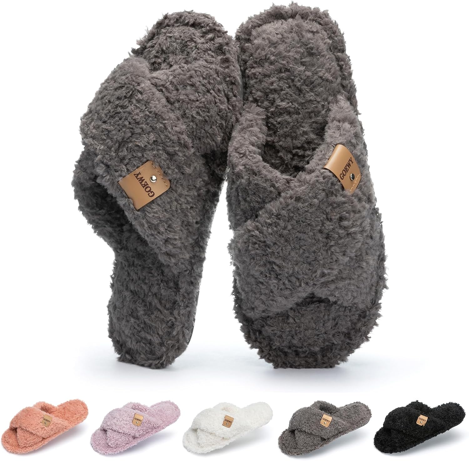 Detalle de GOEWY Fuzzy Open-Toe Slippers for Women with Memory Foam and Faux Fur