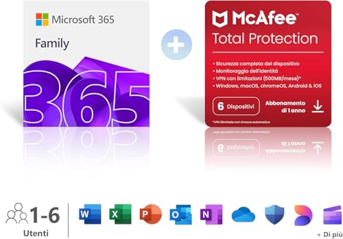 Detalle de Microsoft 365 Family | 12 mesi, 6 persone, 6 dispositivi | Onedrive fino a 6 TB, Office con AI + McAfee Total Protection
